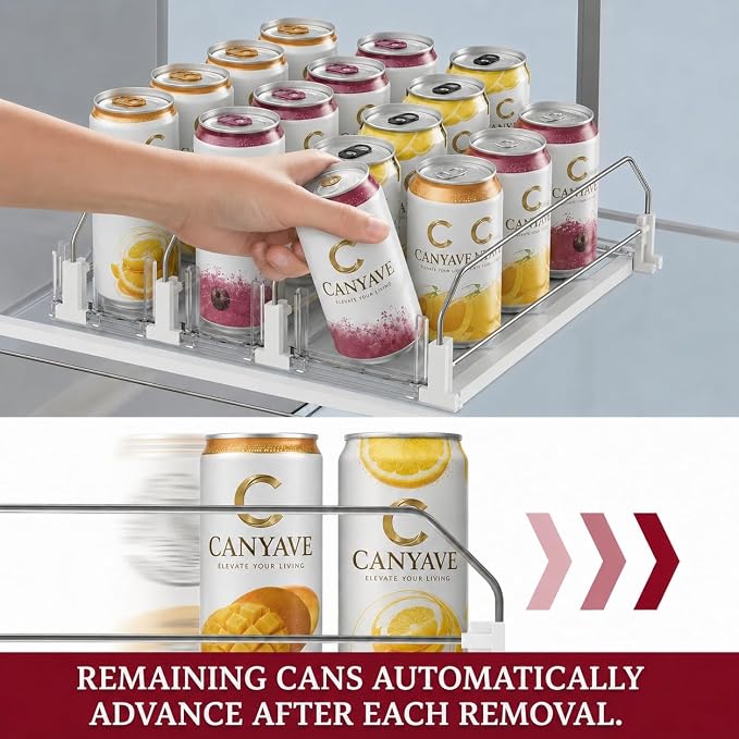 Self-Pushing Beverage Organizer for Fridge – Adjustable Spring Loaded Drink Dispenser & Soda Can Organizer – Clear Glide Rack Fits Cans, Bottles, Slim & Standard Sizes for Kitchen Pantry (4Rows) - Image 3