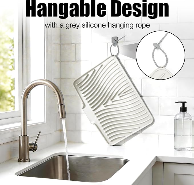 TIKNIK Silicone Dish Drying Mat for Kitchen Counter, Cream-1pcs, 20" x 15" | Heat Resistant & Non-Slip Dish Drain Pad with Built-In Drain, Dishwasher Safe, Quick-Dry, Hangable & Roll-Up for Storage - Image 5