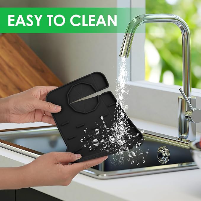 Dimeho Sink Faucet Splash Guard Mat Silicone Soap Dish Pad Faucet Handle Drip Catch Sponge Holder Sink Protector Trays for Bathroom Kitchen Countertop Gadgets Accessories 8.3 x 5.7 Inch(Black) - Image 5