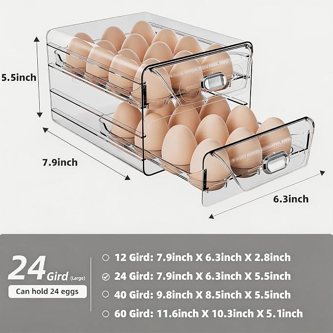 HIYOHIYO 2-Tier Clear 24 Grid Egg Container for Refrigerator, With Drawers | Large Capacity, with Time Scale Marking, Stackable, Sturdy Eggs Storage for Fridge and Countertop - Image 2
