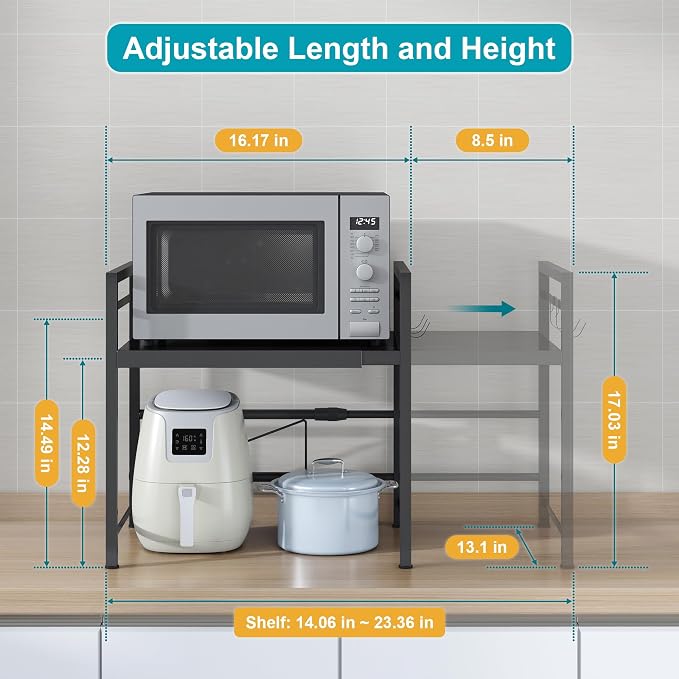 DOLALIKE Microwave Oven Rack, Expandable Microwave Stand Countertop Kitchen Utensils Tableware Storage, Carbon Steel Over Microwave Shelf Countertop with 3 Hooks | Adjustable Microwave Oven Rack Metal Storage Shelf for Pans Small Appliances Kitchen Ute... - Image 3