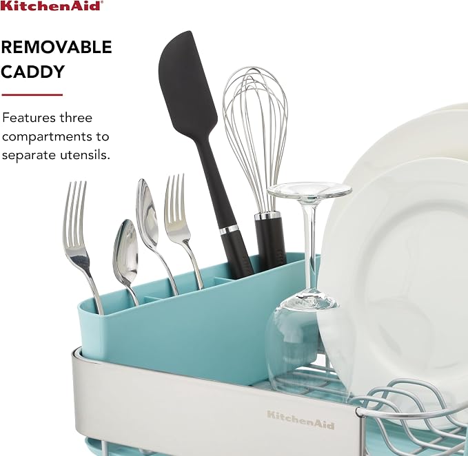 KitchenAid Compact Space Saving Rust Resistant Dish Rack with Removable Flatware Caddy and Angled Self Draining Drainboard, 12.63 x 15.87 x 5.54 Inch, Mineral Water - Image 4