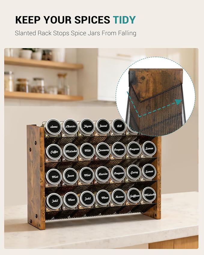 Spice Rack Organizer with 28 Glass Jars, for Cabinet Wall Mount Countertop | 4-Tier Seasoning Organizer with Labels, Chalk Marker & Funnel for Pantry, Kitchen Storage, Wood, 14 in W x 9.4 in H - Image 3