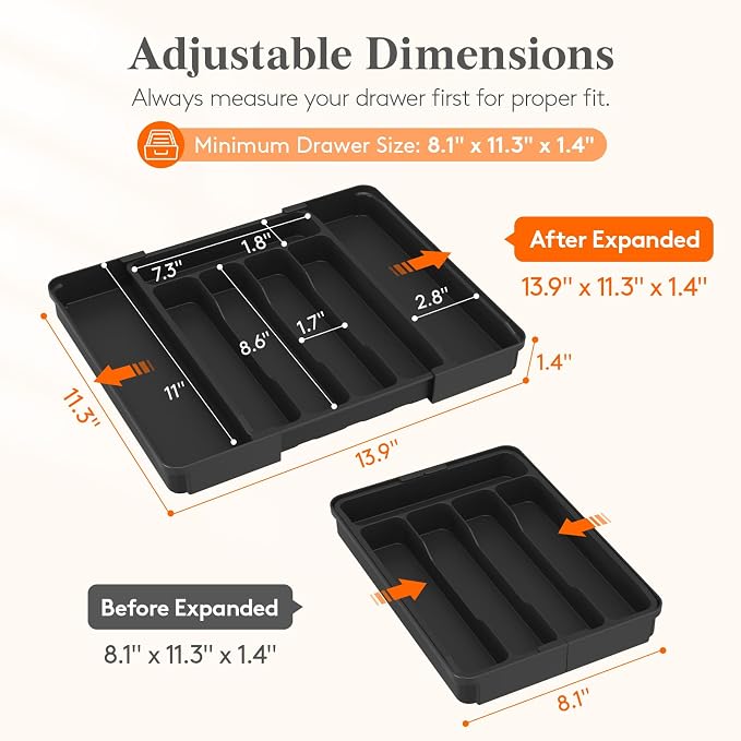 Lifewit Silverware Organizer for Drawer, Expandable Utensil Tray, BPA-Free Adjustable Cutlery Holder for Kitchen Storage, 8.1-13.9 x 11.3, Black - Image 2