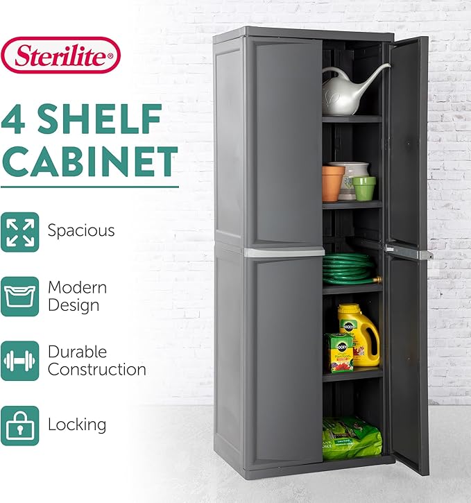 Sterilite 4 Shelf Cabinet, Durable Plastic Storage Solution, Gray, 1 Pack | Adjustable Shelves - Plastic Shelving Unit for Organizing Garage, Pantry, Basement, Laundry Room or Mudroom - Image 4