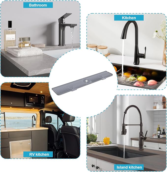 Derlights 33 inch Sink Splash Guard Mat, Silicone Faucet Handle Drip Catcher Tray, Longer Silicone Sink Mat for KitchenBathroom, Drip Protector Splash Countertop (Gray) - Image 3