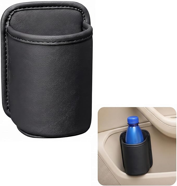 1 Pack Leather Car Door Cup Holder, Large Clip-On Seat Side Hanging Drink Holder, Auto Interior Water Bottle Organizer, Universal Hanging Storage Bag & Trash Can for Cars (Black) by Unknown