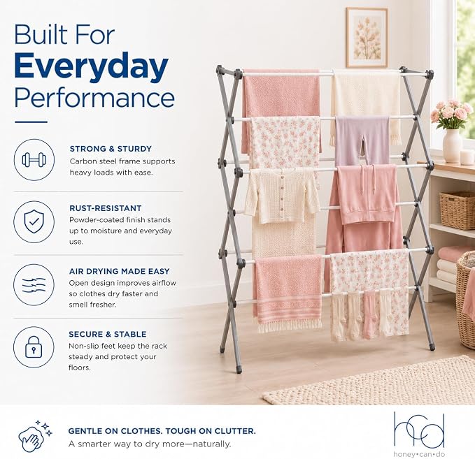 Honey-Can-Do Oversized Clothes Drying Rack, 35" Wide, 50 lb, Grey | Extra-wide 35" family-size rack holds 50lb of laundry. Rust-resistant steel folds flat; indoor or outdoor use. No Assembly - Image 5