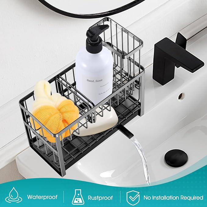 Sinnsally Kitchen Sponge Holder,Sink Caddy Organizer with High Brush Holder,Stainless Steel Sink Box Dish Scrubber Holder,Soap Tray for Kitchen Counter Accessories & Storage Rack(2 Tier - Black) - Image 7