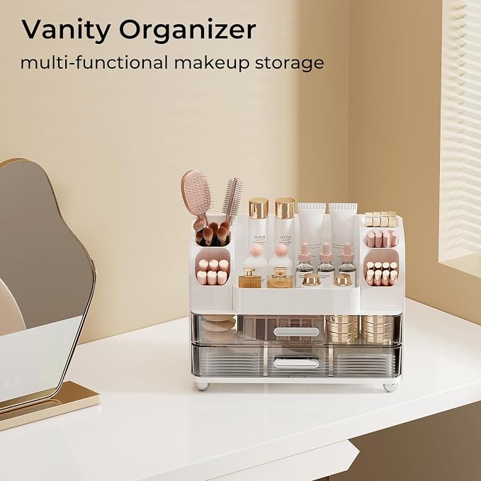 UFORU Makeup Organizer Countertop with 2 Large Drawers for Vanity Bathroom | Brush Holder, Large Capacity, Thickened Plastic, Compact Footprint, Space-Saving Design, Easy Clean, Ideal for Dorm Rooms - Image 7