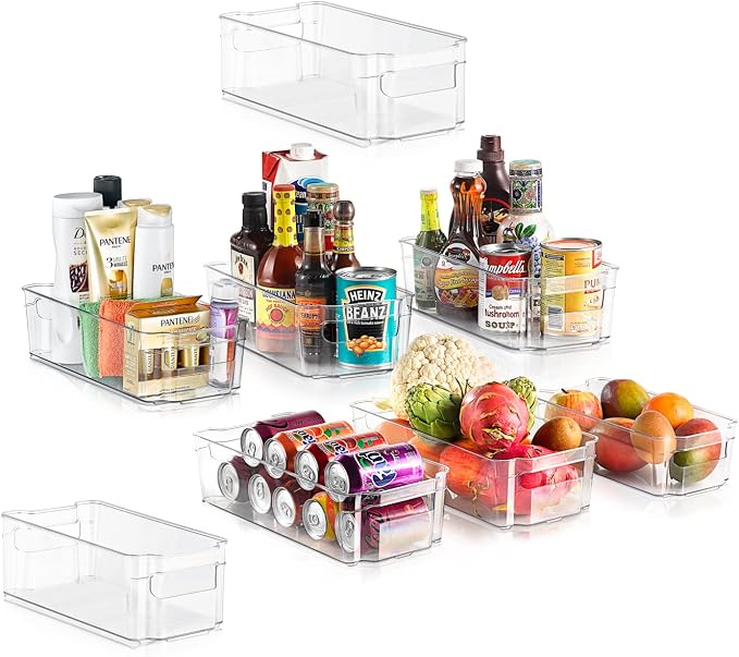 NutriChef Set of 8 Refrigerator Bins-4 Wide and 4 Narrow Stackable Fridge Organizers for Freezer, Kitchen, Countertops, Cabinets-Designed with Practical Carry Handles and Interior, 8 containers, Clear by NutriChef%E2%84%A2Kitchen