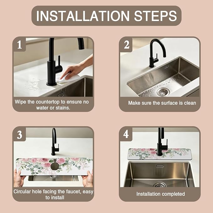 Faucet Mat for Kitchen Sink Watercolor Floral Pink Flowers Sink Splash Guard Behind Faucet Soft Diatom Mud Material Non-slip Easy to Clean for Bathroom & Kitchen 24"X5.5" - Image 4