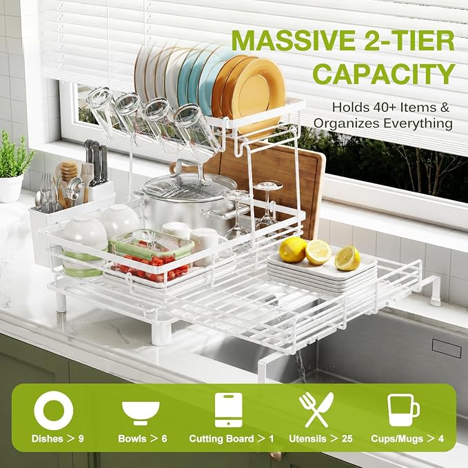 2-Tier Expandable Dish Drying Rack for Kitchen Counter, White | Large Capacity Dish Rack Organization, Heavy-Duty Carbon Steel, 17 lbs Capacity, Swivel Drain Spout & Cup Hooks - Image 6