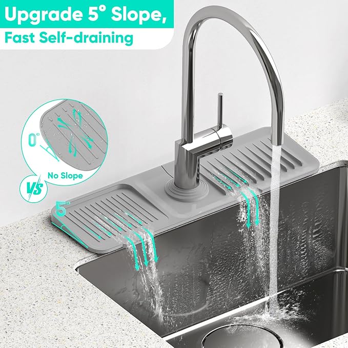 17.7'' Faucet Mat for Kitchen Sink [5°Slope Fast Self-draining] Kitchen Sink Splash Guard Silicone Kitchen Sink Faucet Mat Splash Guard for Kitchen Sink Area Tidy Splash Faucet Guard Draining Mat - Image 2