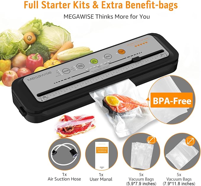 Updated Vacuum Sealer Machine 2025, MEGAWISE Food Sealer w/Starter Kit, Dry & Moist Food Modes, Compact Design with 10 Vacuum Bags & Built-in Cutter (Grey) - Image 3