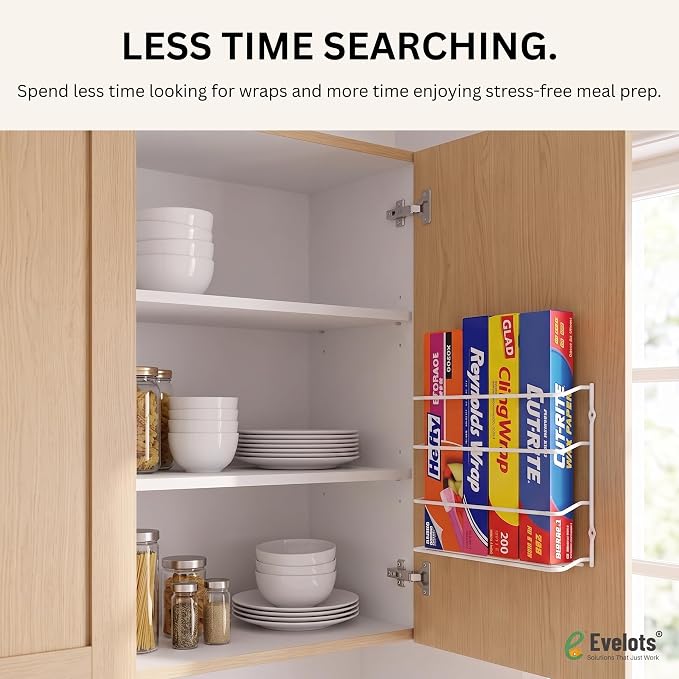 Evelots Kitchen Wrap & Food Bag Organizer Wall/Cabinet Mount, 1-Pack, White | Keep kitchen wraps and food bags organized with 1 basket that mounts on a wall or cabinet door to save valuable counter space - Image 3