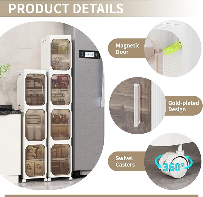3 Tier Slim Bathroom Storage Cabinet, Foldable and Movable, White | Tools Free, ABS and PET, Magnetic Clear Door, Adjustable Shelves, Lockable Wheels, Water Resistant, For Narrow Space - Image 8