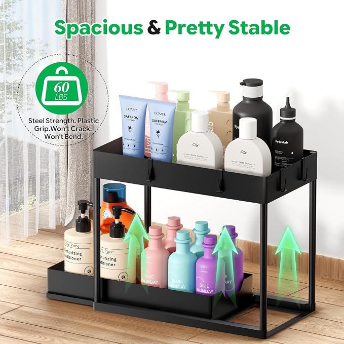 Ekisemio 2 Pack 2-Tier Under Sink Organizers with Sliding Drawer, Black | 2 Pack 2-Tier Under Sink Organizers | Sliding Drawer | Sturdy Metal Frame | Tool-Free Assembly | Space Saving | Black - Image 5