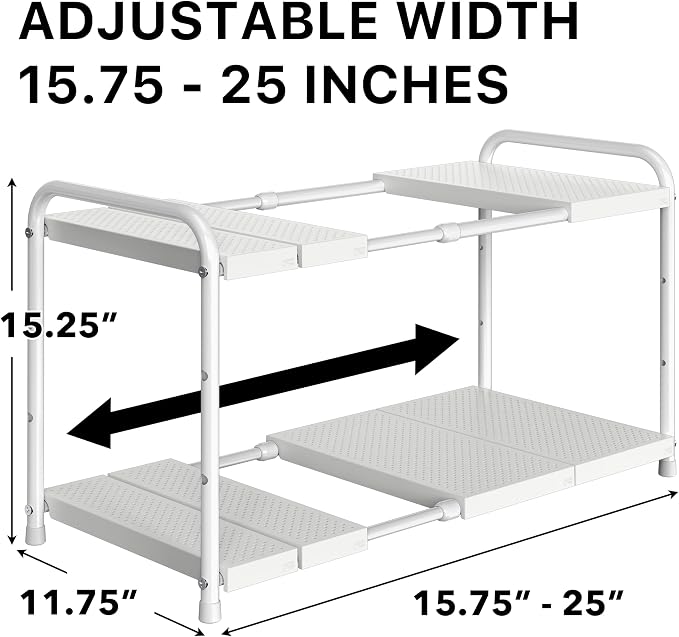 Simple Houseware Under Sink 2-Tier Heavy Duty Expandable Organizer, White | Adjustable Width 15.75–25 Inches with 4 Shelf Height Levels - Image 2