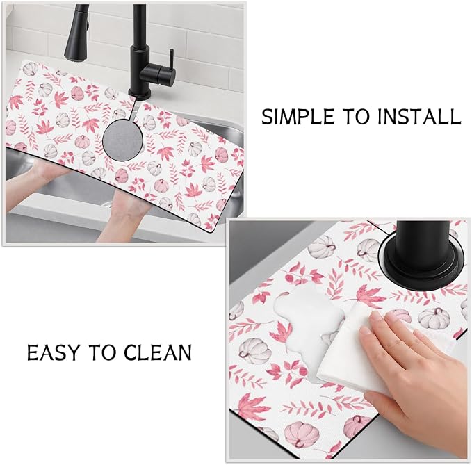 Fall Kitchen Sink Splash Guard Faucet Mat,Pink Maple Leaf Pumpkin Autumn Thanksgiving Faucet Non-Slip Absorbent Mat,Farmhouse Sink Splash Guard Behind Faucet for Kitchen Bathroom, 15"x5.5" - Image 4