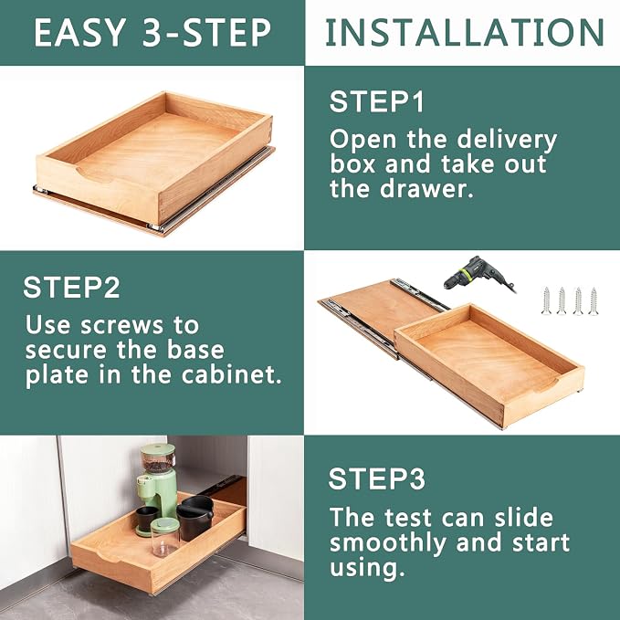 Pull Out Drawers for Kitchen Cabinets, Pull Out Cabinet Organizer, Fully Assembled Wood Cabinet Pull Out Drawer, Fast and Easy DIY Installation, 14”W x 21”D - Image 6