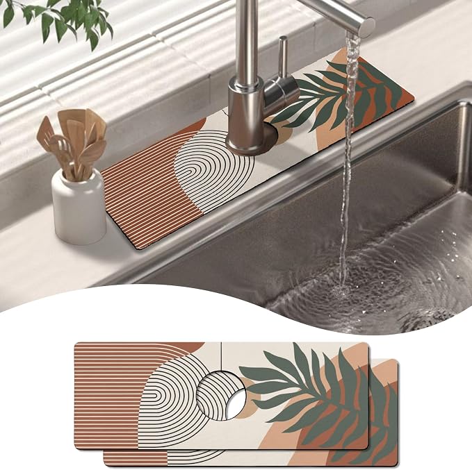 2 Pack 2 Pack Kitchen Sink Splash Guard Faucet Mat 15" X 5.5" Boho Absorbent Fast Drying Mat Faucet Draining Mat Sink Splash Guard Behind Faucet Drip Catcher for Kitchen Bathroom by Unknown