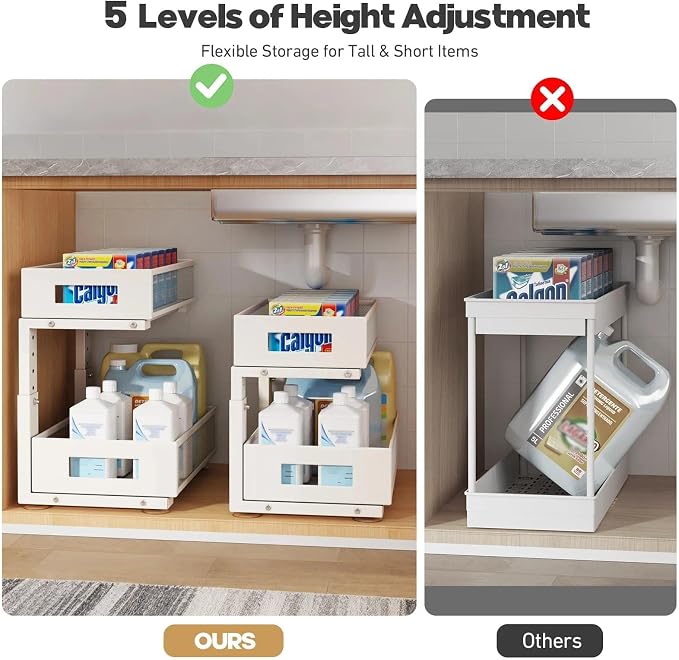 Under Sink Organizer, 2-Tier Dual Pull Out Cabinet Organizer Drawers With Smooth Circular Rail, Large Capacity Metal Mesh Sliding Shelves For Bathroom& Kitchen Storage,Height Adjustable–White,2 Packs - Image 8