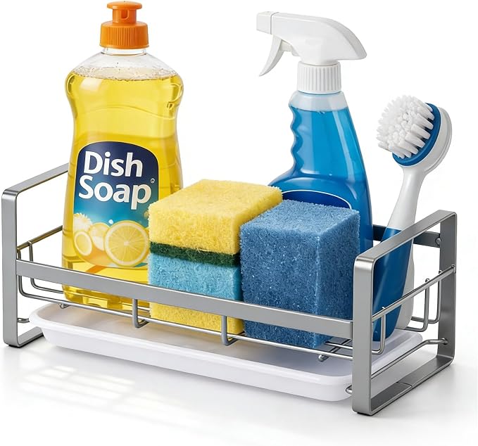 HULISEN Large Kitchen Sponge Holder, 304 Stainless Steel Sink Caddy, Grey | Removable Drain Tray, Holds Sponges Soap Bottles Brushes, Countertop Storage, No Dispenser or Brush by HULISEN