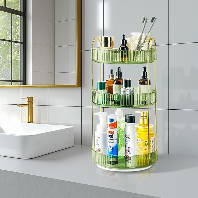 360 Rotating Makeup Organizer - Large Capacity Spinning Perfume & Cosmetic Skincare Holder for Vanity & Countertop (Gem Green, 3 Tier) - Image 8