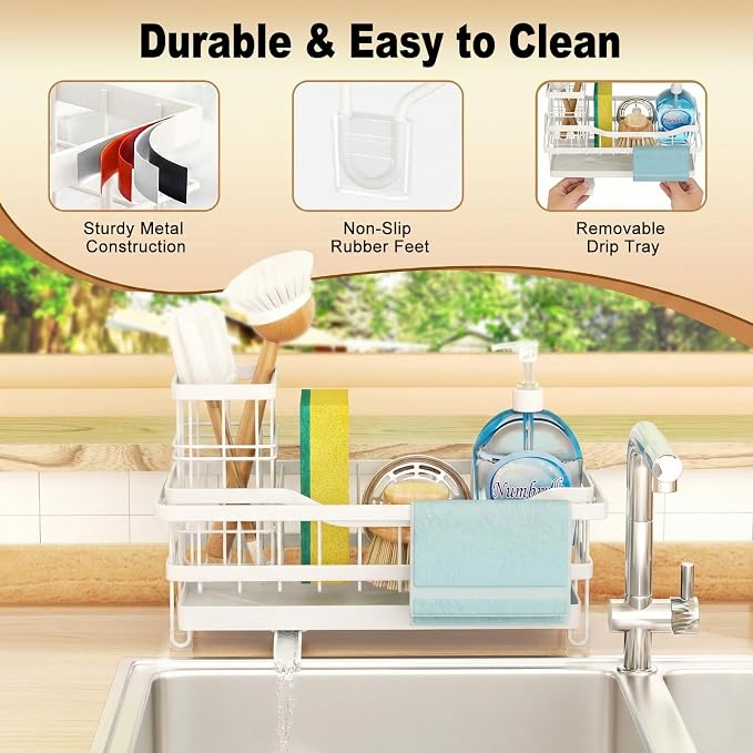 Sponge Holder for Kitchen Sink, Self-draining Sink Organizer with Towel Rack and Brush Holder, Metal Kitchen Sink Organizer for Countertop, White - Image 6