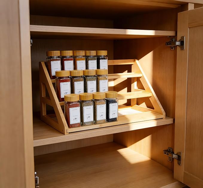 Bamboo Tier Spice Rack Organizer: 17.5 Inch Wide Kitchen Cabinet Countertop Spice Jar Organizer for Home Organization - Image 2