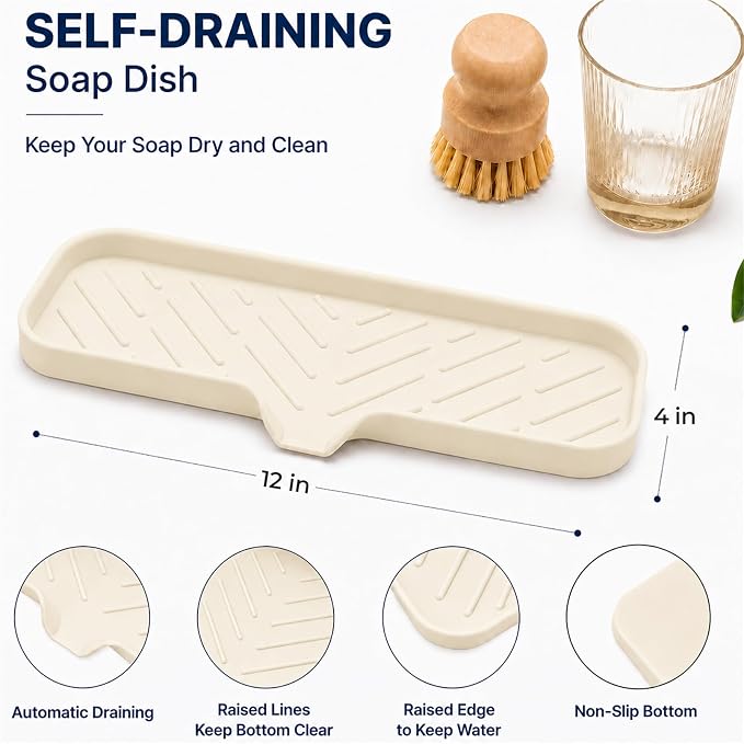 MicoYang Silicone Soap Dish with Drain Spout — Self-Draining Double Sink Organizer Tray for Kitchen & Bathroom, Dispensers, Sponges & Soap Holder, Non-Slip & Dishwasher Safe, Tapioca (Large, 12"×4") - Image 2