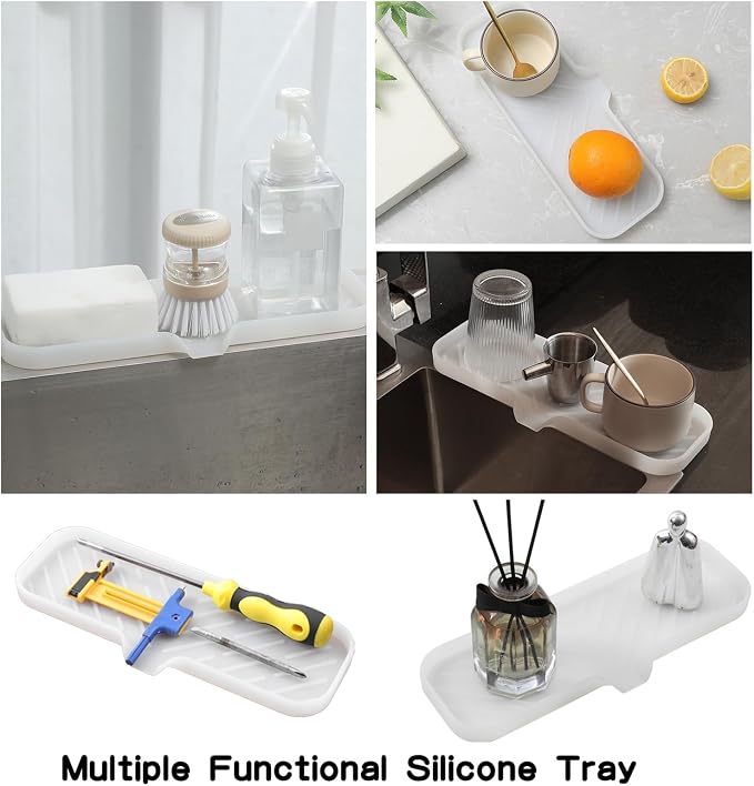 MicoYang Silicone Soap Dish with Drain Spout — Self-Draining Double Sink Organizer Tray for Kitchen & Bath, Dispensers, Sponges & Soap Holder, Non-Slip & Dishwasher Safe, Translucent (Large, 12"×4") - Image 5