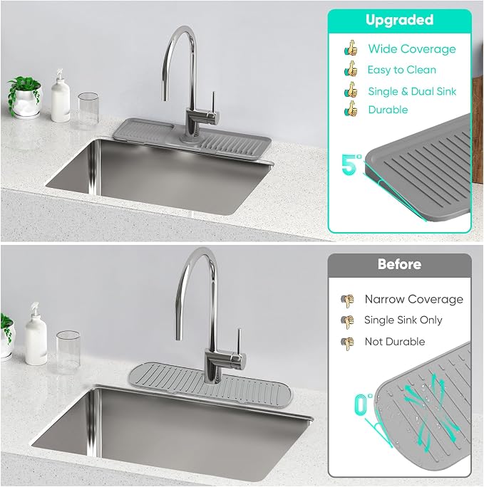 17.7'' Faucet Mat for Kitchen Sink [5°Slope Fast Self-draining] Kitchen Sink Splash Guard Silicone Kitchen Sink Faucet Mat Splash Guard for Kitchen Sink Area Tidy Splash Faucet Guard Draining Mat - Image 7