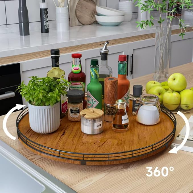 AMH 21-Inch Walnut-Finish Wooden Lazy Susan Organizer for Dining Table | Smooth rotating oak tray with walnut finish for dining tables, kitchen counters, pantries and cabinet storage. - Image 2