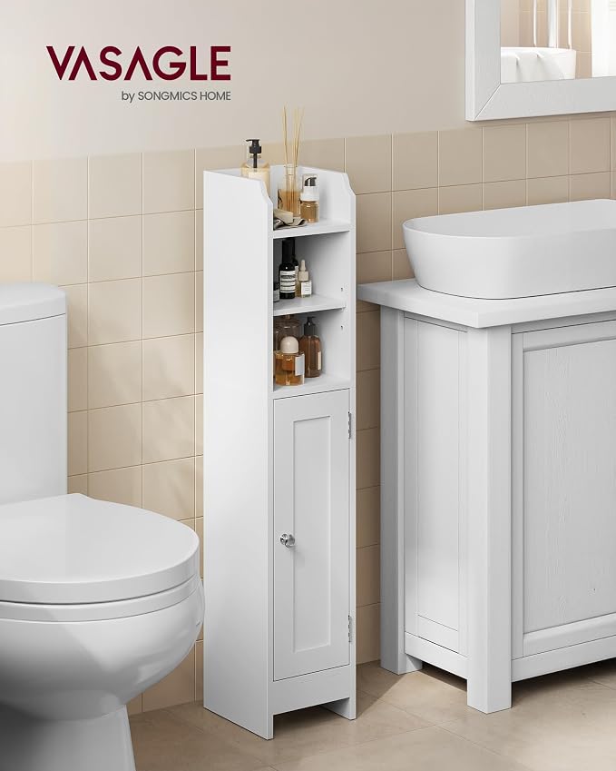VASAGLE Small Storage Corner Floor Cabinet with Door, 7.9 x 7.1 x 36.2 Inches, Narrow Toilet Paper Storage Holder, Adjustable Shelves, for Bathroom, Living Room, Small Spaces, Cloud White UBBC311W01 - Image 2