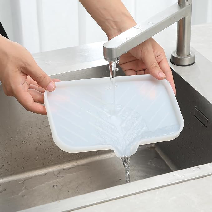 MicoYang Silicone Soap Dish with Drain Spout — Self-Draining Sink Organizer Tray for Bathroom & Kitchen, Sponges, Dispensers & Soap Holder, Non-Slip & Dishwasher Safe, Translucent (Medium, 9.6"×5.3") - Image 8