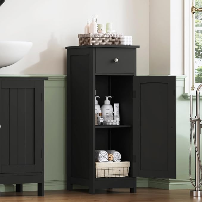 Iwell Bathroom Storage Cabinet, Small Bathroom Floor Cabinet with Drawer & Storage Shelf, Free-Standing Organizer Cabinets for Hallway/Living Room, Black - Image 2