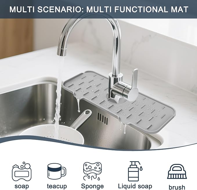 Kitchen Sink Splash Guard - Silicone Faucet Mat for Kitchen Sink Light Gray | Water catcher mat, Sink drain pad behind faucet, Sink rubber mat around faucet guard & draining mat, bathroom sink protector - Image 3