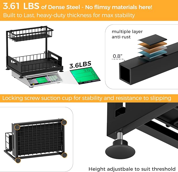 2-Pack L-Shaped Under Sink Organizer, 2-Tier Pull-out Cabinet Rack | Black Height-Adjustable Steel Rack, Sliding Grid Drawers with PP Liners, Holds 100 Lbs, Suction Base, Ideal Kitchen Storage - Image 5