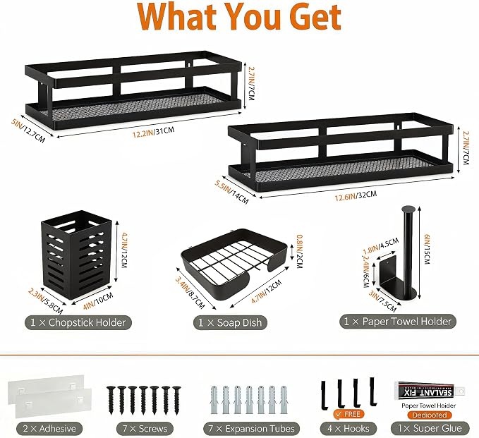 PUSDON 5-in-1 Shower Caddy & Kitchen Organizer Set, Wall Mount Wide Spice Rack with Paper Towel Holder, Utensil Holder, Soap Dish, Rustproof Mesh Baskets Hold 50LBS - Matte Black, Guardrail - Image 3
