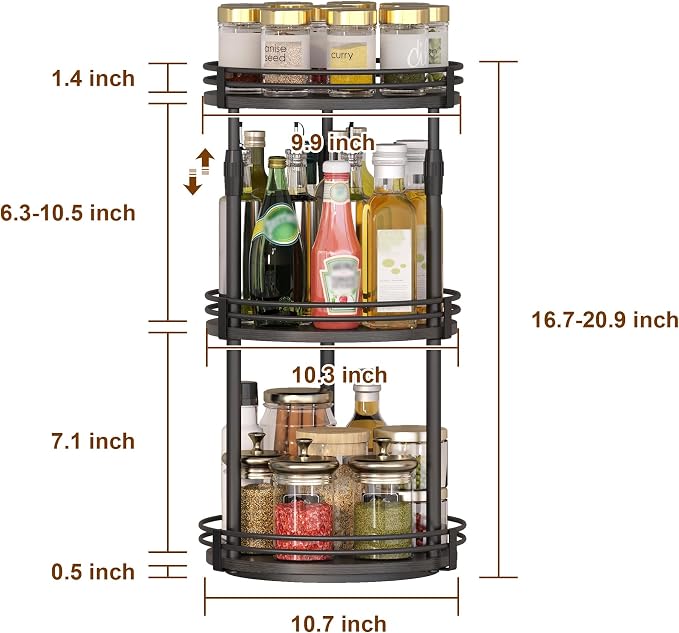 Across-star Lazy-Susan-Organizer-Spice-Rack, 3-Tier Rotating Spice Organizer for Cabinet Pantry, Seasoning Holder Shelf with Adjustable Height, Kitchen Counter Shelf Countertop Organzier - Image 3