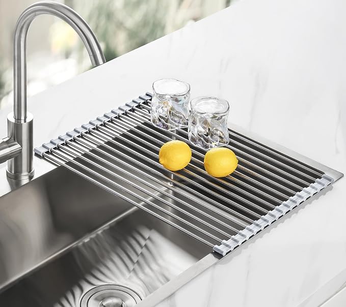 Tomorotec Roll Up Dish Drying Rack Over Sink, 304 Steel, 17.7x12.5, Marble | Anti-Slip Silicone Rims For Grip, Heat-Resistant Trivet Mat Holding Heavy Cookware, Rustproof Kitchen Counter Space Saver - Image 8