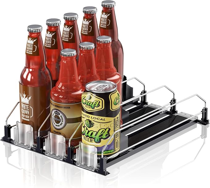 Drink Organizer for Fridge,12oz 16oz 20oz - Soda Can Dispenser for Refrigerator,Width Adjustable,Automatic Pusher Glide (Black, 15" D 3ROW, Holds 15 Cans) by LOVEFORBETTERLIFE