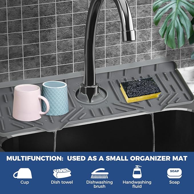 BFONS XL Silicone Faucet Handle Drip Catcher Tray, Gray, 18.1in x 5.7in x 0.79in - Image 3