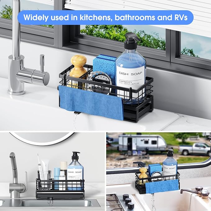 Metal Kitchen Sink Sponge Holder, Countertop Sink Caddy, Black | Rustproof Kitchen Caddy Sink Organizer, Non-Slip Sponge Caddy with 360° Self-Draining Tray, Detachable Dish Cloth Holder - Image 8