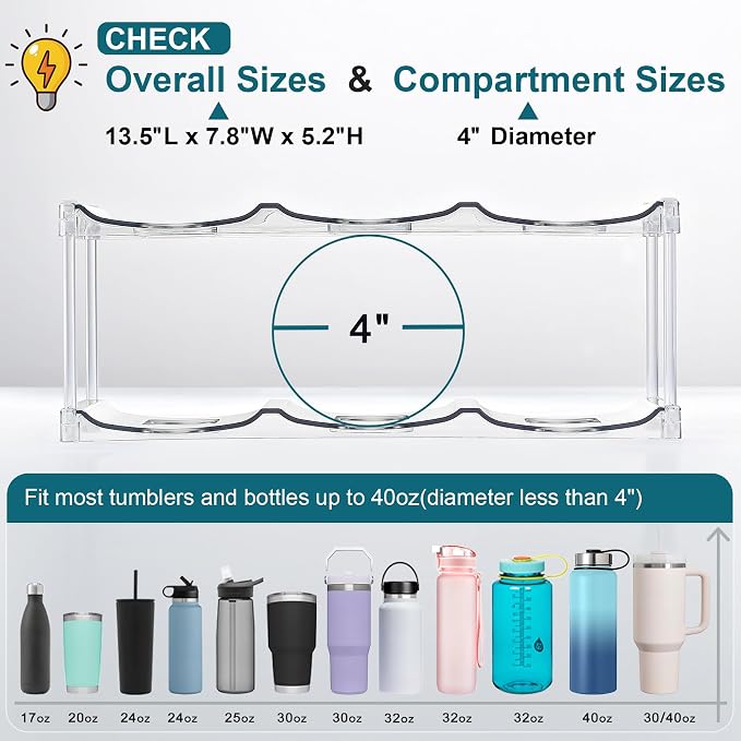 LARGER Compartment - Stackable Water Bottle Organizer Holder - for Stanley & Others' Large Tumbler - Clear Wine Rack, Cup Bottle Holder for Cabinet Home Countertop Fridge Pantry Shelf, 2 Tier Hold 6 - Image 4