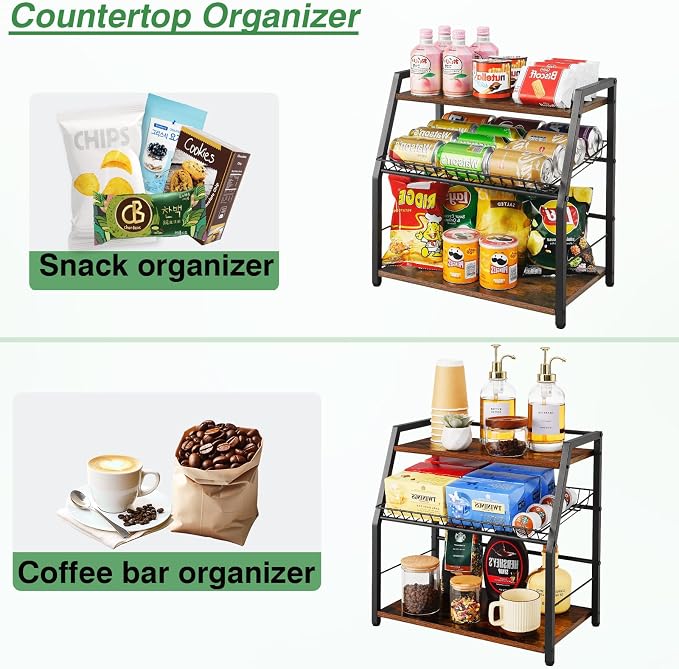 Kitchen Countertop Organizer, Snack Organizer Candy Display Stand Coffee Station Organizer, 3 Tier Wooden Counter Storage for Soda Cans Condiment Tea, for Pantry Office Bathroom, Black - Image 2