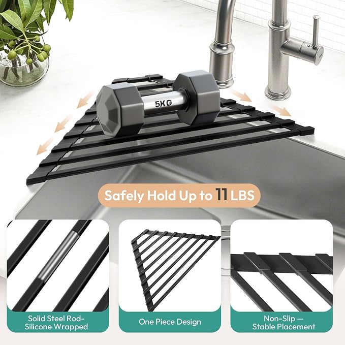Small Foldable Triangle Roll Up Dish Drying Rack for Sink Corner, Black | Collapsible Stainless Steel with Silicone Coated Over Sink Rack, Space Saving Kitchen Sink Caddy Organizer for RV & Camper - Image 4