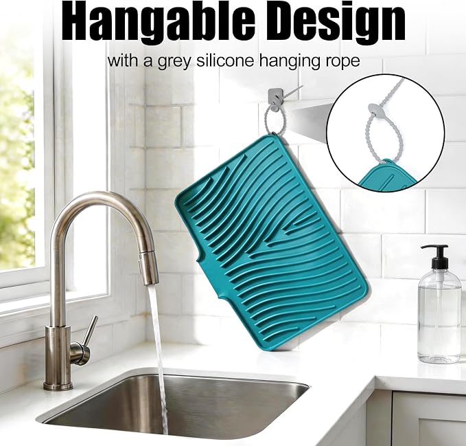 TIKNIK Silicone Dish Drying Mat for Kitchen Counter, Green-1pcs, 16" x 12" | Heat Resistant & Non-Slip Dish Drain Pad with Built-In Drain, Dishwasher Safe, Quick-Dry, Hangable & Roll-Up for Storage - Image 4